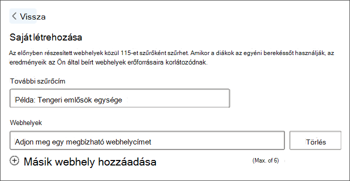 Képernyőkép egy egyéni szűrő létrehozásáról. A példaszűrő címe a tengeri emlősök egységét tartalmazza, és alatta egy szabad terület található a saját előnyben részesített helyek megadásához.