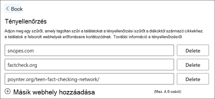 Képernyőkép a beállítások tényellenőrzési lehetőségéről. Három alapértelmezett tényellenőrző webhely látható a listában – ezek törölhetők, és további webhelyek adhatók hozzá az oktatók igényeinek megfelelően.