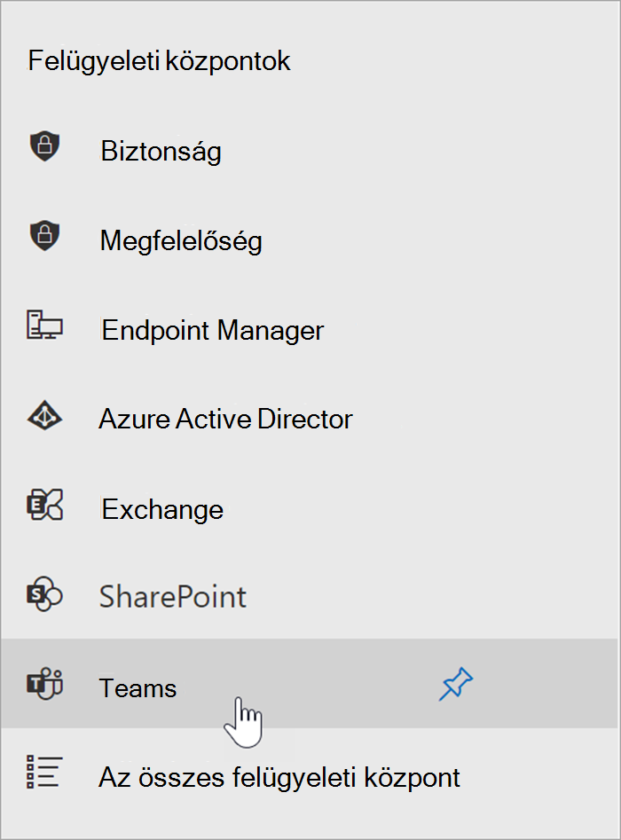 a Microsoft 365 Felügyeleti központ képernyőképe, amelyen a kurzor a Teams Felügyeleti központ belépési pontja fölé mutat.