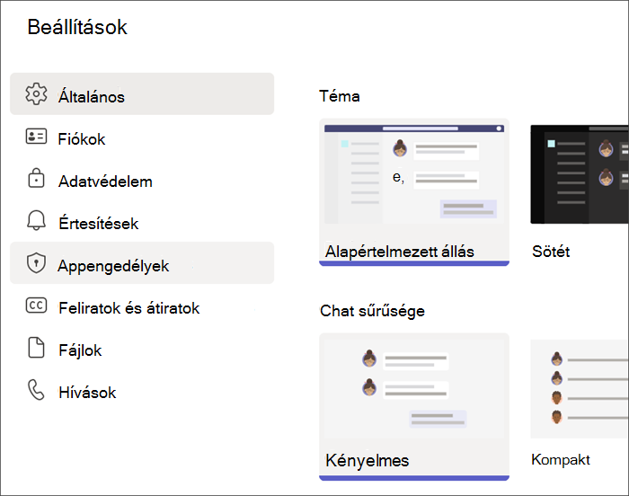 Képernyőkép a Teams-beállításokról egy tanuló profiljából. Az Alkalmazásengedélyek gomb ki van emelve.