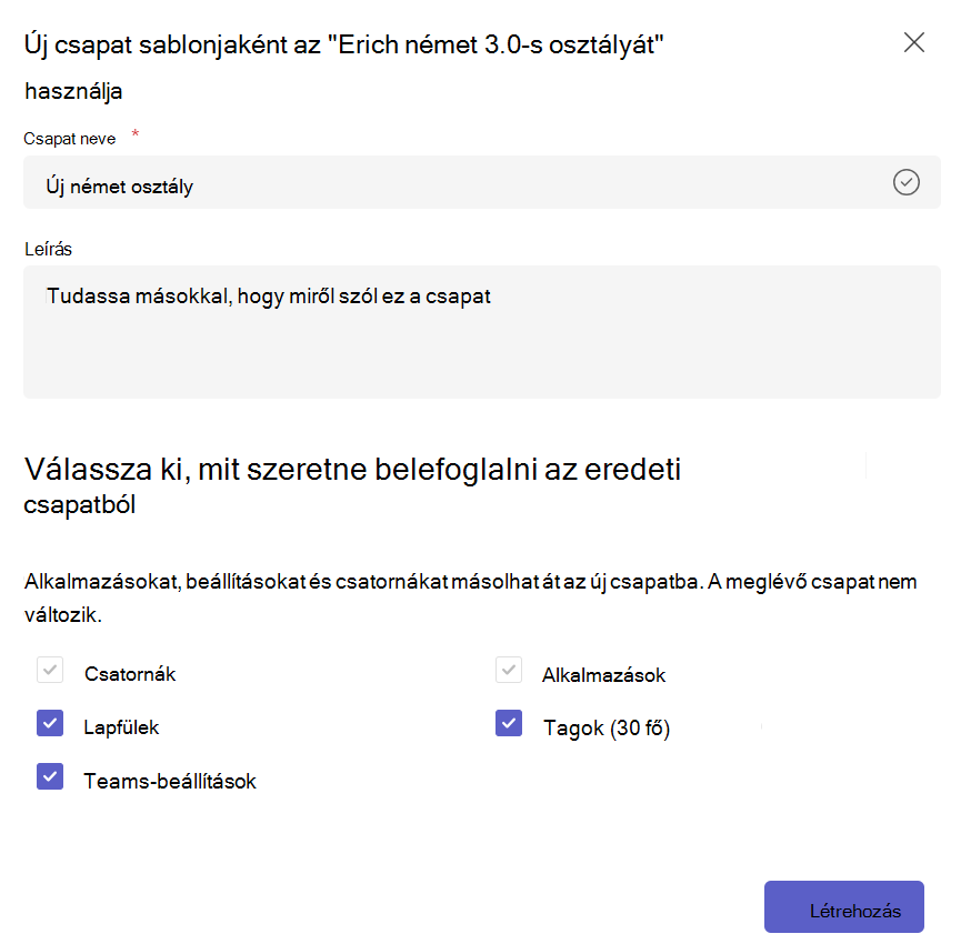 Képernyőkép az új csapat létrehozásáról egy meglévő csapatsablonból, és a másolni kívánt tartalom kiválasztásáról.