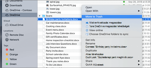 Helyi menü a fájlok OneDrive-ból való törléséhez a Mac Finderben
