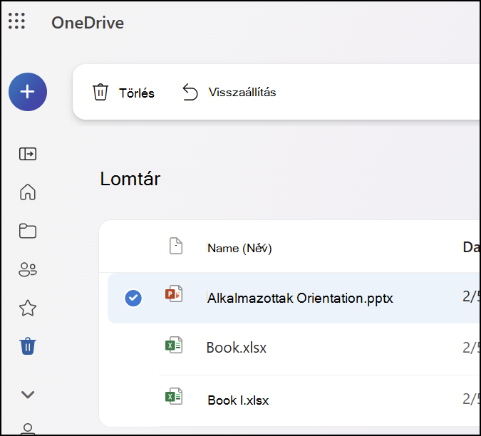 Képernyőkép a OneDrive.com webhely Lomtár lapjáról.