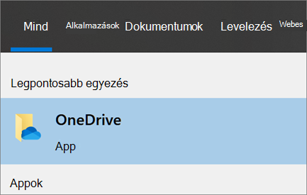 Képernyőkép: a OneDrive asztali app keresése Windows 10-ben