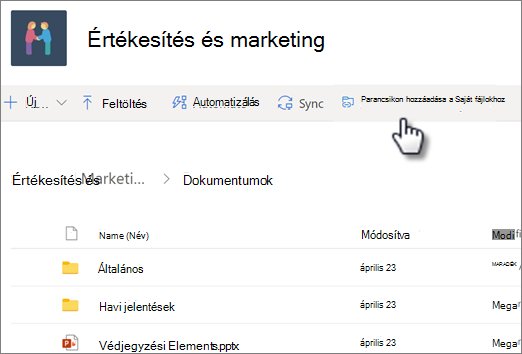 Képernyőkép: parancsikon hozzáadása a OneDrive-ra egy megosztott tárból