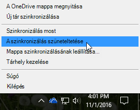 Képernyőkép az előző OneDrive Vállalati verzió szinkronizálási ügyfélalkalmazásról és a Szinkronizálás felfüggesztése parancsról.