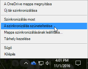 Képernyőkép az előző OneDrive Vállalati verzió szinkronizálási ügyfélalkalmazásról és a Szinkronizálás felfüggesztése parancsról.