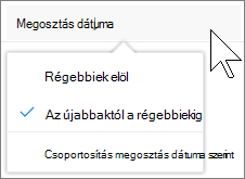 Képernyőkép a OneDrive Vállalati verzió Velem megosztva nézetében látható oszlop szerinti sorozásról