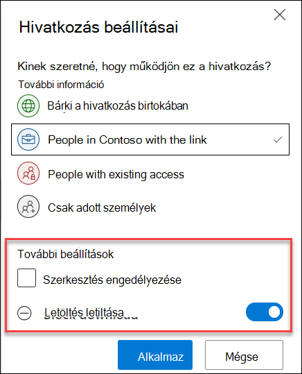 Megosztási beállítások a OneDrive-ban, a Letöltés letiltása lehetőség kiemelve.