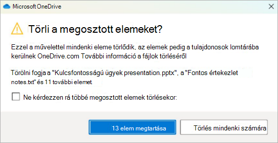 Képernyőkép a megosztott fájlok törlését megerősítő OneDrive-üzenetről