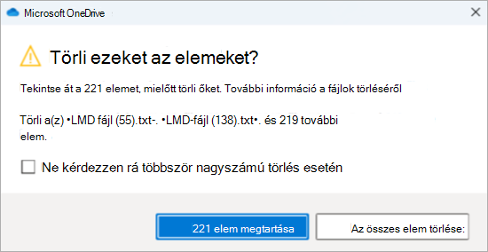 Képernyőkép a OneDrive számos fájl törlésére vonatkozó megerősítési kérdéséről