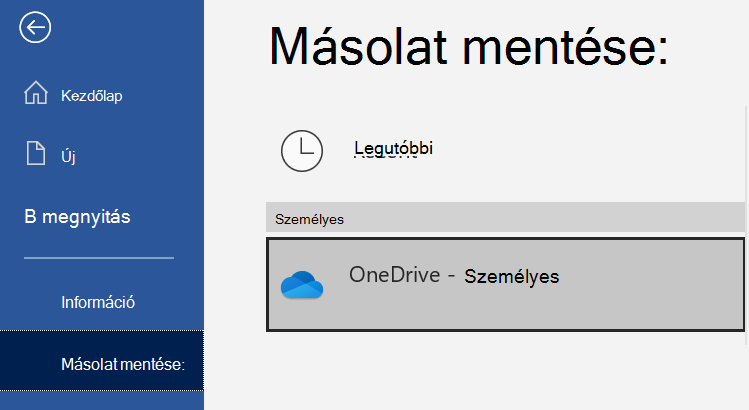 A helyek listája egy Word-dokumentum Másolat mentése lapján