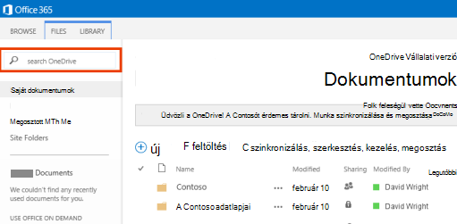 Képernyőkép a OneDrive keresőmezőjéről az Office 365-ben.