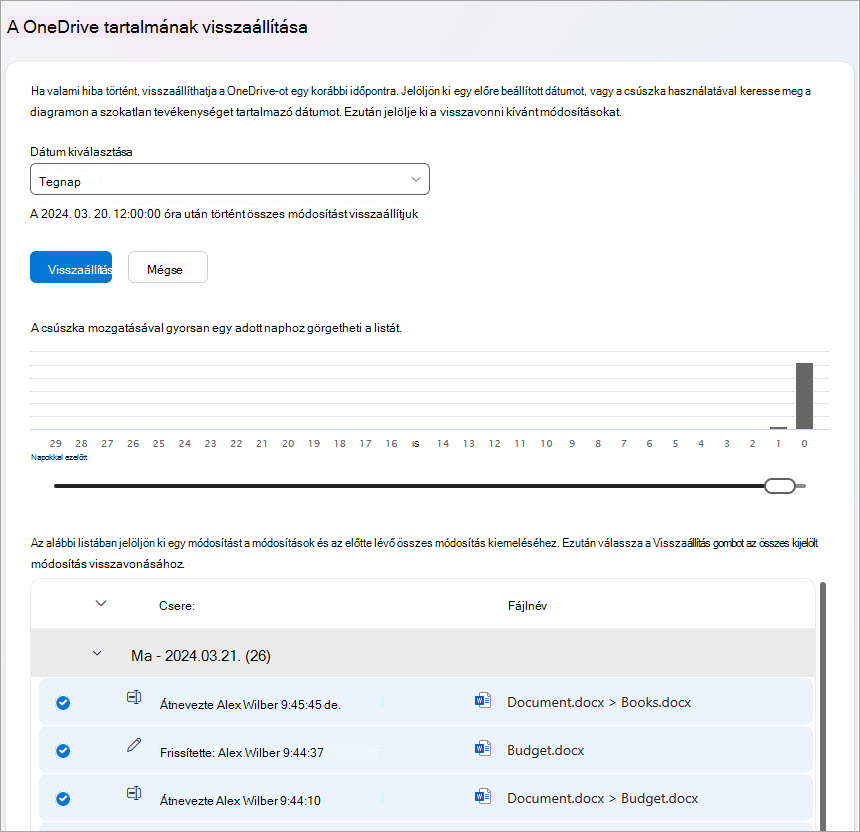 Visszaállíthatja a OneDrive-fájltevékenységeit.