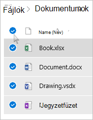 Az összes fájl és mappa kijelölését ábrázoló képernyőkép a OneDrive-ból