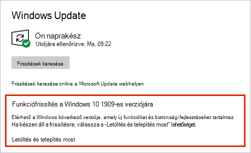 Windows Update a funkciófrissítés helyének megjelenítésével