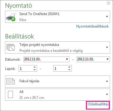 A Backstage nézet nyomtatási beállításokat tartalmazó része