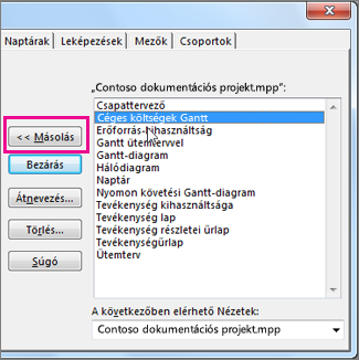 A Szervező a jelenleg megnyitott projekt elemeivel