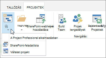 A Projektközpont menüszalagjának Új gombja