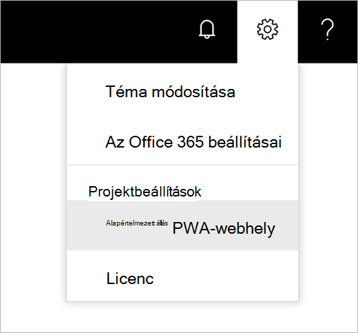 Képernyőkép a beállítások fogaskerék ikonmenüjéről, amelyben az egérmutató az Alapértelmezett PWA-webhely lehetőséget választja