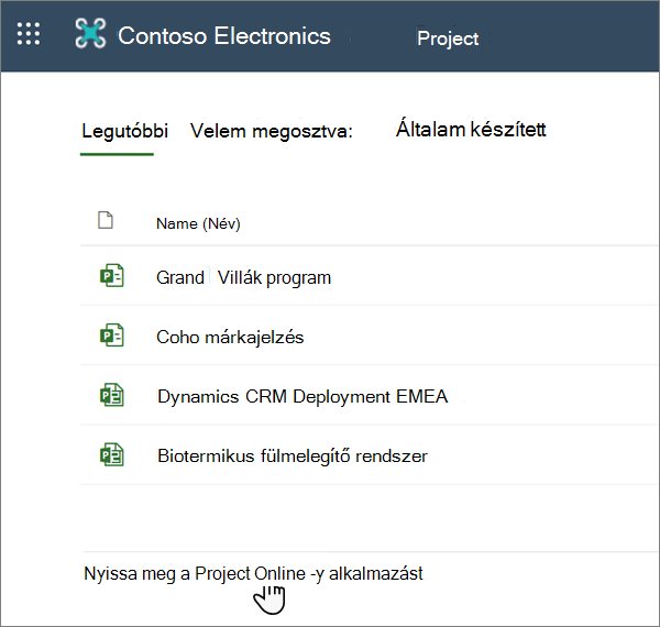 A Project Web App megnyitása beállítása