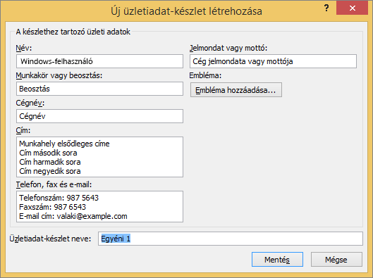 Képernyőkép az Új üzletiadat-készlet létrehozása párbeszédpanelről