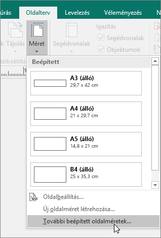 Képernyőkép a Publisher Oldalterv lapjának További Beépített Oldalméretek eleméről.