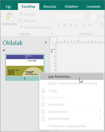 Oldal beszúrása a Publisher Oldalak navigációs ablakában.