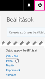 Az Office 365-beállítások lehetőség választása