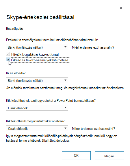 Meeting options dialog with announce when people enter or leave highlighted