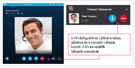 Képernyőkép a Skype Vállalati verzió teljes méretű és kisméretű ablakáról