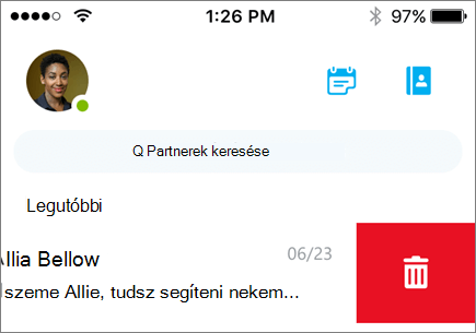 Képernyőkép egy beszélgetés törléséről az iOS Skype Vállalati verzió alkalmazásban.