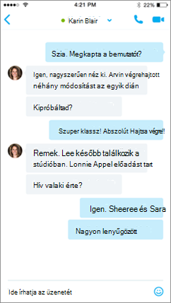 Az iOS Skype Vállalati verzió beszélgetési képernyője