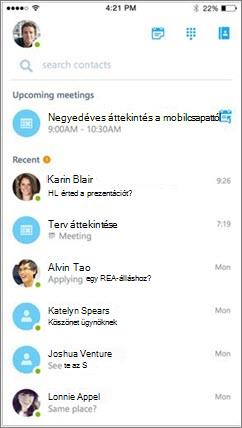 iOS Skype Vállalati verzió kezdőképernyője