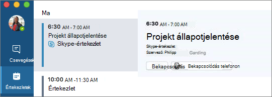 A Bekapcsolódás telefonon lehetőség az Értekezletek lapon