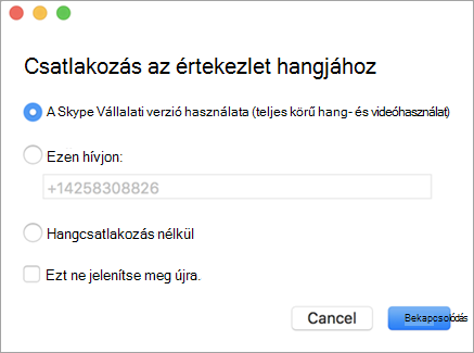 Példa a Csatlakozás az értekezlet hangjához párbeszédpanelre