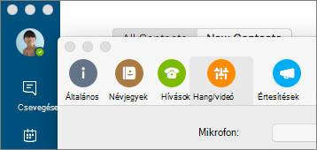 Képernyőkép a Skype Vállalati verzió Beállítások képernyőjéről, amelyen a Hang/videó ablaktábla van kijelölve.