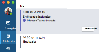 Teams-értekezlet az Értekezletek lapon