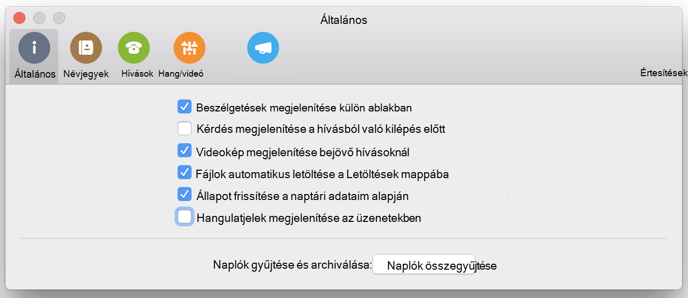 Hangulatjelek megjelenítése az üzenetekben jelölőnégyzet a Beállítások Általános oldalán