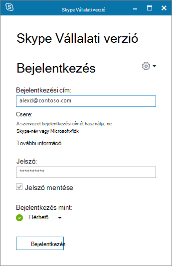 Képernyőkép a Skype Vállalati verzió bejelentkezési képernyőjéről