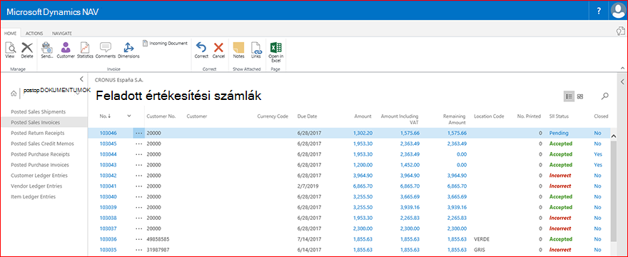 Példa a feladott értékesítési számlák listájából