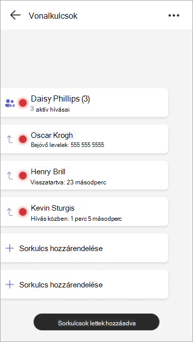 Képernyőkép egy vonalkulcshoz rendelt megosztott vonalról, a megosztott vonal tagjairól és a hívásállapotukról.