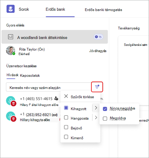 Képernyőkép a hívásszűrő részleteiről a Sorok alkalmazásban.