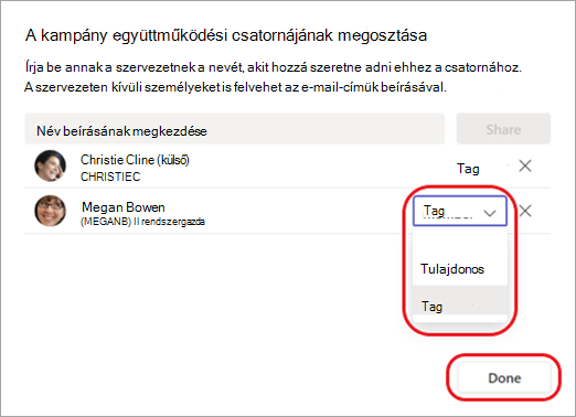 Képernyőkép: csatornatagok módosítása csatornatulajdonossá