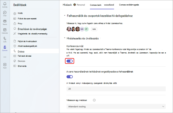 Képernyőkép a konferencia mód be- és kikapcsolásáról