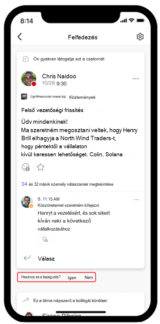 Képernyőkép a mobileszközökön megnyitott Teams Felfedezés-hírcsatornáról
