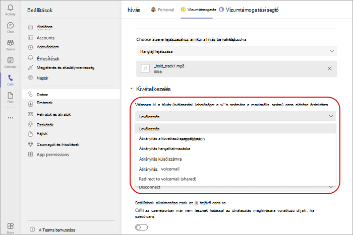 Képernyőkép a kivételkezelés menü beállításairól