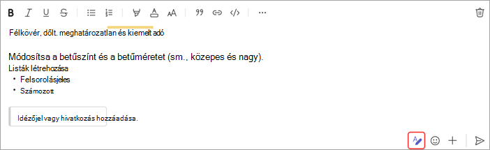 Képernyőkép a csevegőüzenetek formázási lehetőségeiről