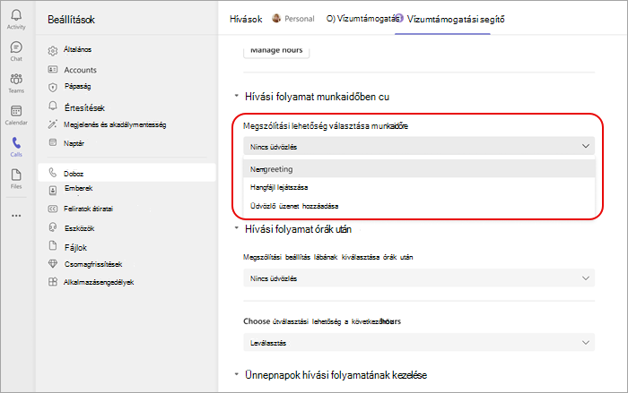 Képernyőkép a munkaidő üdvözlőmenüjéről