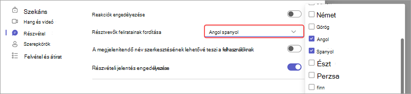 Értekezletbeállítás, amely bemutatja, hogyan adhat hozzá nyelveket az élő lefordított feliratokhoz egy eseményben.